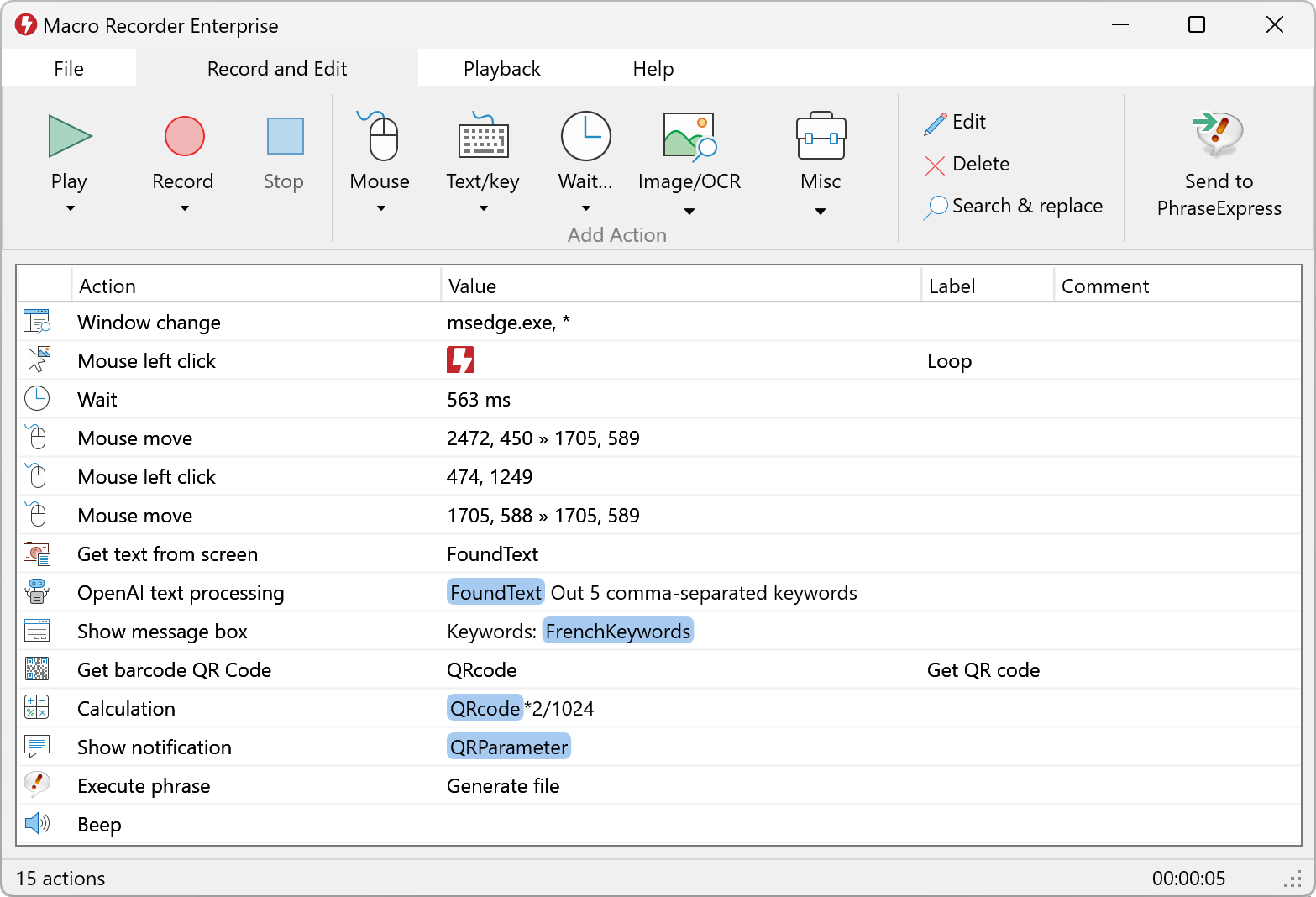 Main program window with the editable list of recorded actions